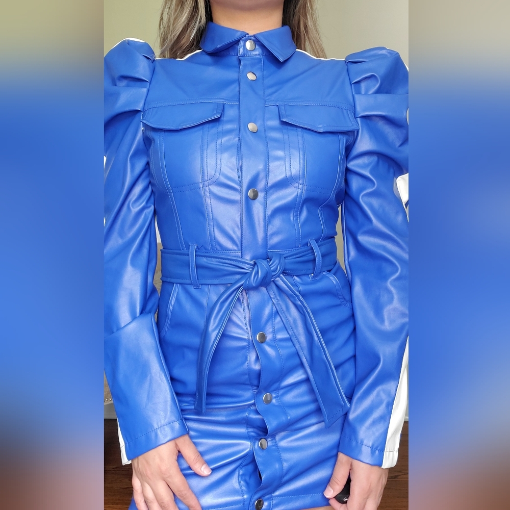 101. Blue Women's Jacket Dress with White Accents Size Small